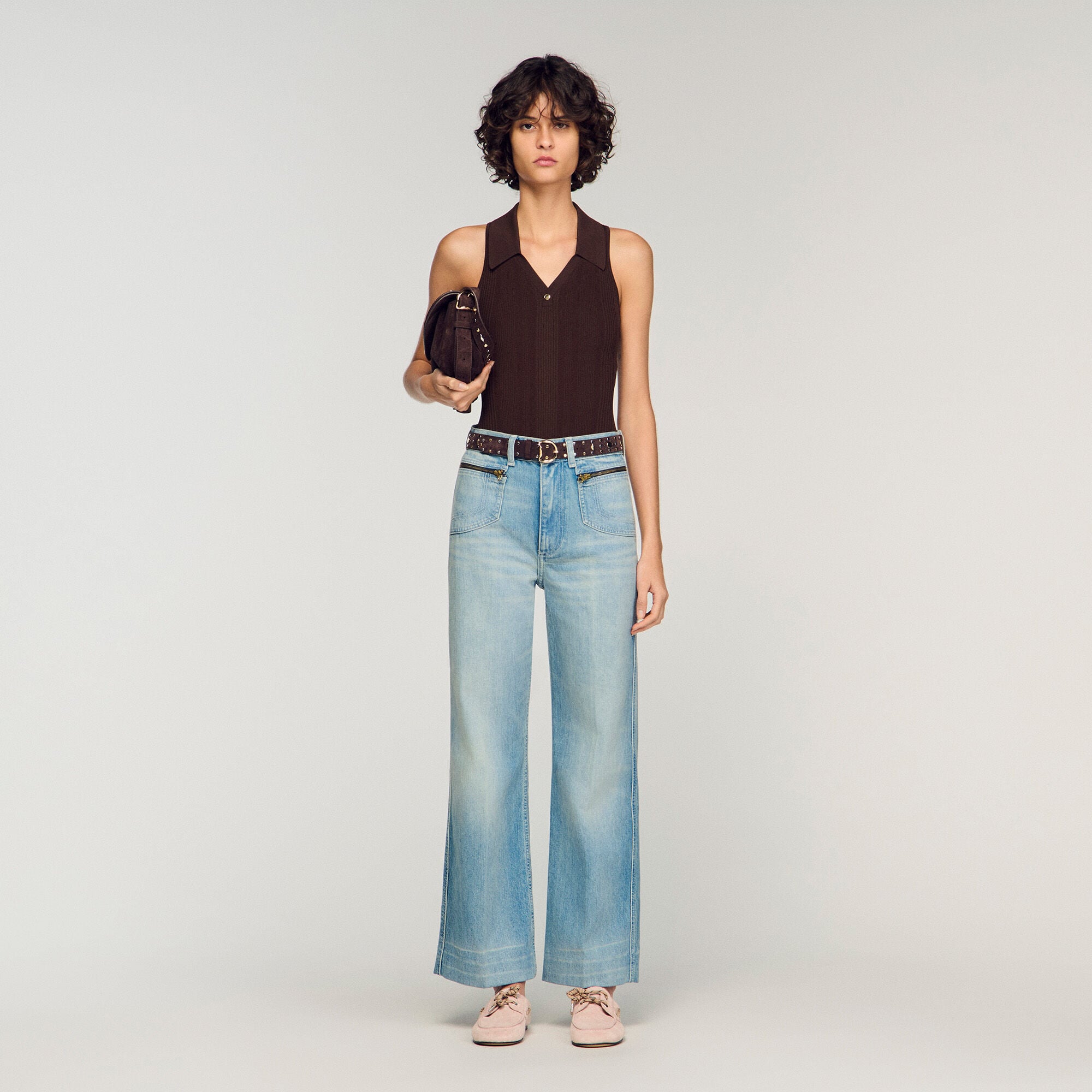 Faded straight zipped cotton jeans